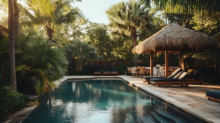 Obraz premium Tropical Backyard Pool Oasis With Lush Greenery