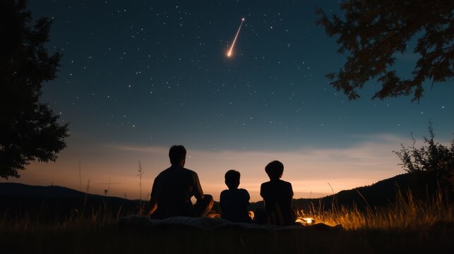 A family of three is sitting on a grassy field at night, watching a shooting star. The scene is peaceful and serene, with the family enjoying the moment together