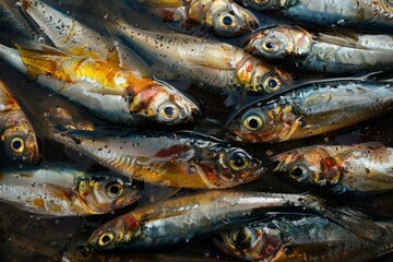 Obraz premium Wet, glistening fish create a captivating pattern, recently caught and ready for market