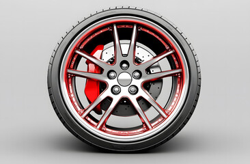 Obraz premium Luxury Car Wheel with Red Rim and Performance Tire