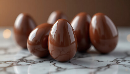 Obraz premium Glossy close-up of chocolate eggs with a smooth reflective finish placed on a marble countertop with elegant soft lighting