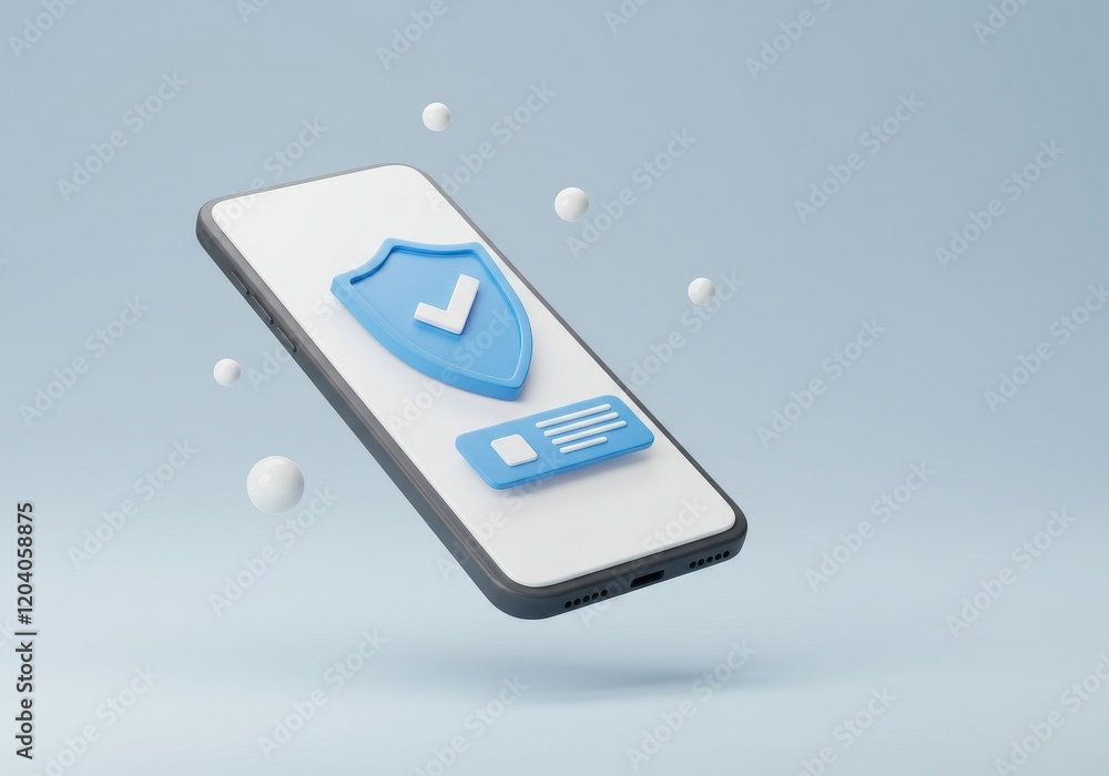 Poster a 3d illustration of a floating smartphone screen with a blue shield and a white checkmark in front,