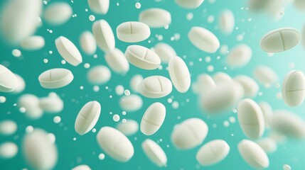 Close up view of floating white pills with soft background showcasing a soothing ambience created by turquoise hues