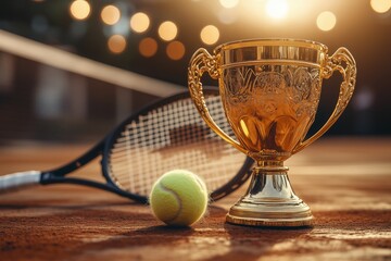 Golden champion cup with tennis ball and racket at sunset in an outdoor tennis court