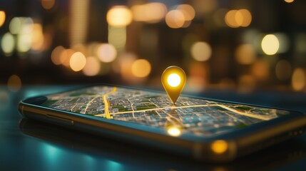Close-up of a smartphone screen displaying a map with a location pin during a vibrant city night