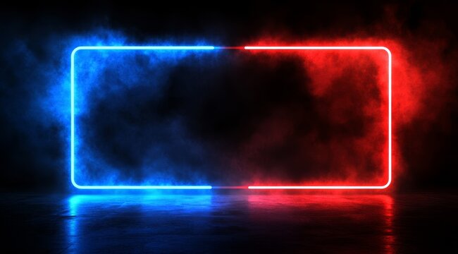 Abstract neon frame with blue and red smoke.