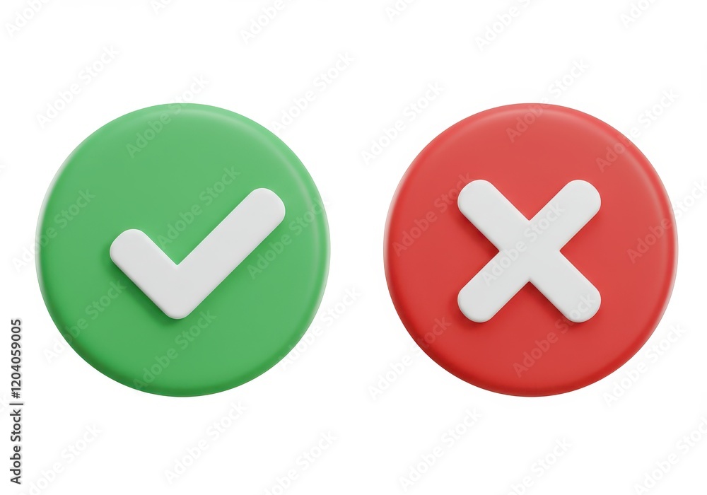 Poster a 3d illustration of two circular buttons one green with a white checkmark and one red with a white 