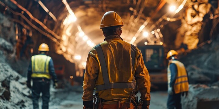 Fototapeta Workers in an underground tunnel construction site with bright lighting