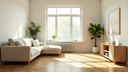 Sunlight streams into a minimalist living room, illuminating a comfortable sectional sofa and light wood sideboard