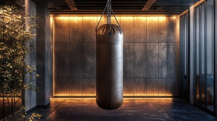 Luxury gym boxing bag, interior, training, dark, lighting, fitness, wellness, design