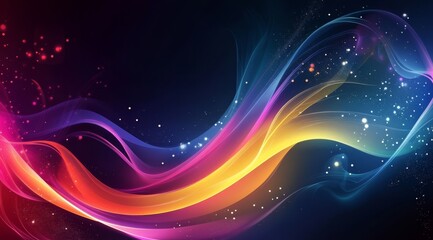 Fototapeta premium Colorful abstract wave with glowing particles on dark background.