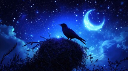Surreal bird nesting with stars and moonlight night sky digital art celestial environment close-up view fantasy concept