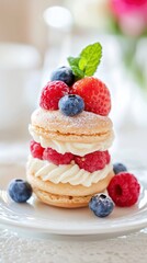 Gourmet macaron tower with fresh berries elegant setting high-end food bright lighting luxurious indulgence