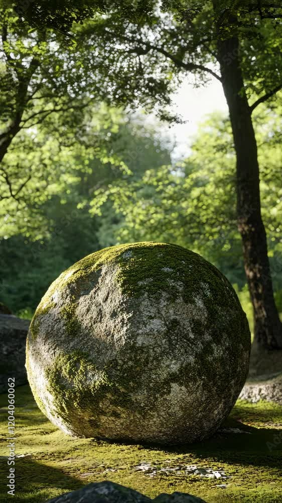 Poster Sunlight filters through trees illuminating a moss-covered stone sphere in a tranquil forest setting