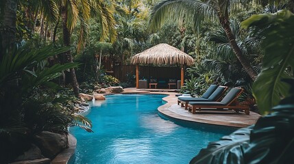Obraz premium Lush Tropical Paradise Poolside Relaxation Scene