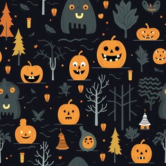 Halloween pattern with pumpkins and spooky trees