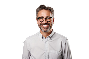 Casual businessman with glasses smiling with happy face, isolated on transparent background