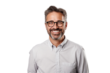 Casual businessman with glasses smiling with happy face, isolated on transparent background