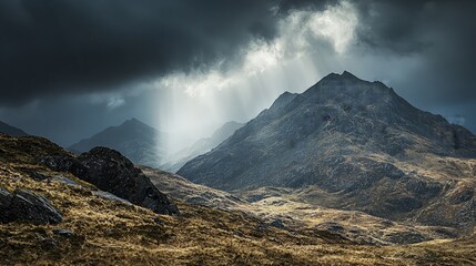 Fototapeta premium Dramatic sun rays through Scottish highlands.