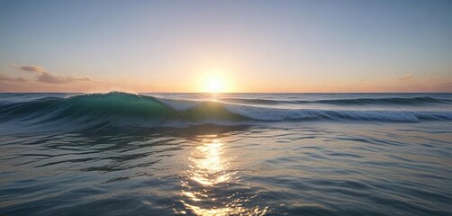 Obraz premium Serene ocean wave with gentle ripples on a soft blue horizon at sunrise, sunrise, clear sky