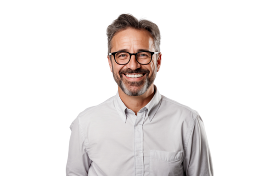 Casual businessman with glasses smiling with happy face, isolated on transparent background
