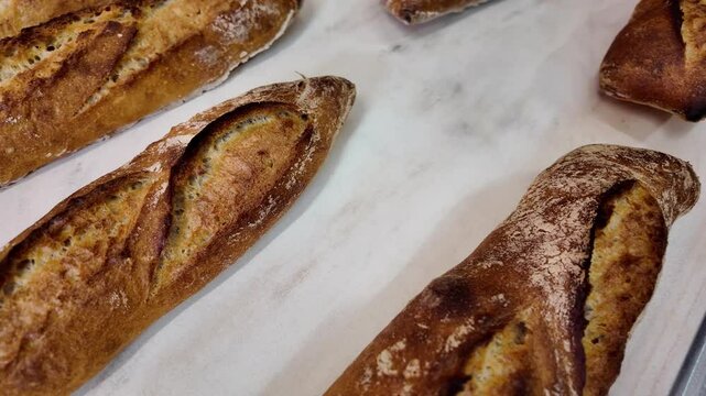 Gros plan des baguettes de pain dor&eacute;es fraichement sortie du four sur la sole du boulanger 