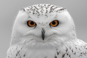 Obraz premium Realistic portrait of a snowy owl with striking orange eyes looking directly at the viewer in a serene natural environment