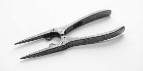 Obraz premium A weathered metallic gripping tool with a unique design, exhibiting signs of age and use, rests on a smooth surface.