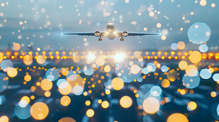 Aerial view of a bustling airport runway at dusk, with aircraft taking off and landing, showcasing the vibrant activity and movement of the airport during the evening, emphasizing transportation and g