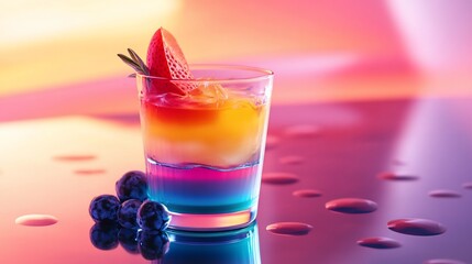 Layered rainbow cocktail, bar, colorful background, refreshment