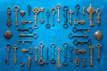 Obraz premium Set of vintage golden skeleton keys on blue background