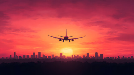 Fototapeta na wymiar Aerial view of a bustling airport runway at dusk, with aircraft taking off and landing, showcasing the vibrant activity and movement of the airport during the evening, emphasizing transportation and g