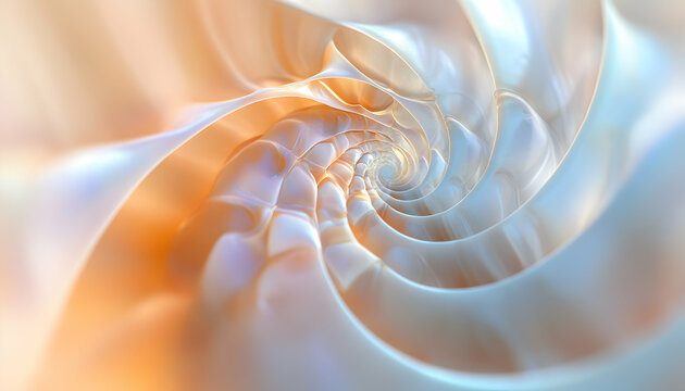 Abstract swirling spiral pattern resembling a seashell, soft pastel colors, iridescent sheen, smooth texture, calming and ethereal.