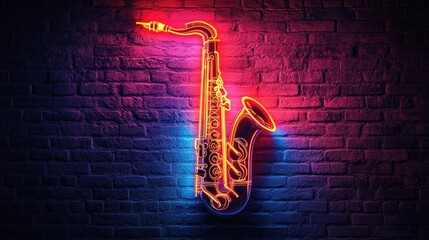 Vibrant neon saxophone glowing against a textured brick wall, creating an energetic nightlife ambiance