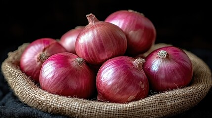 Freshly harvested red onions arranged in a rustic basket, showcasing their vibrant colors and textures