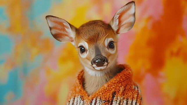 Velvety fawn in a buttoned poncho isolated on a colorful background