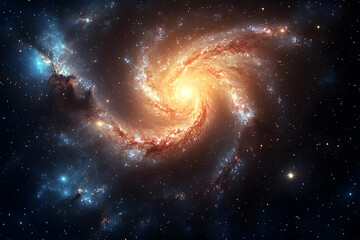 A vibrant spiral galaxy swirls in the vast expanse of the cosmos, its colorful arms filled with countless stars and nebulae, a breathtaking celestial