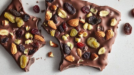 Gourmet chocolate bark with nuts and dried fruit.  A sweet treat for holidays. Food photography.