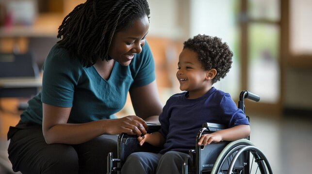 Supportive Teacher Assisting Child in Wheelchair for Inclusive Education in Caring Classroom Environment