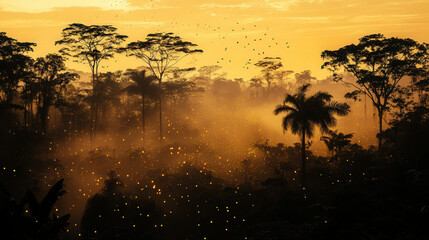 serene night scene in Amazon rainforest, illuminated by glowing fireflies amidst misty trees, creating magical atmosphere