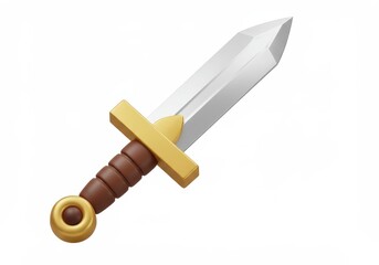 A 3D illustration of a stylized short sword with a shiny silver blade, a golden guard, and a round brown handle isolated on a white background