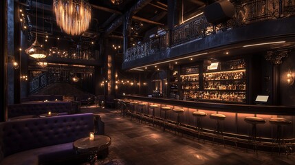 Luxurious dark bar interior, city nightlife, opulent d?cor,  background mezzanine