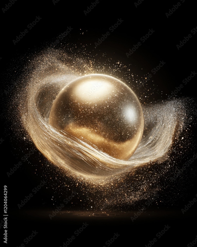 Poster dynamic golden orb floating in cosmic space abstract art digital dark background artistic perspectiv