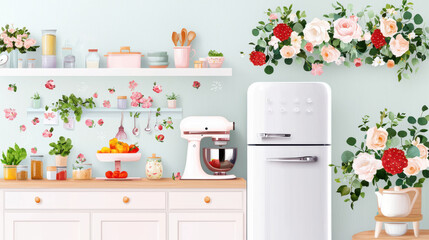 bright and cheerful kitchen scene featuring white refrigerator, stand mixer, and decorative flowers. shelves are adorned with various kitchen items, fruits, and plants, creating warm and inviting