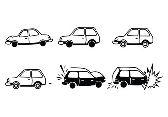 Minimalist Crashed Cars Icons Set | Hand-Drawn Accident Line Art Vector
