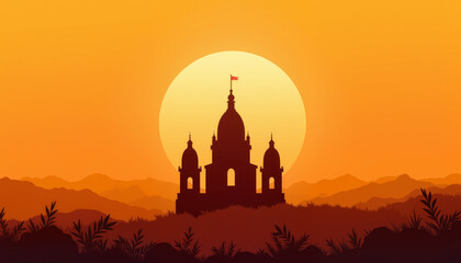 Silhouette of Indian temple against orange sunset background
