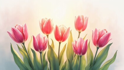 Fototapeta premium Beautiful pink tulips in a serene mood glowing in soft sunlight