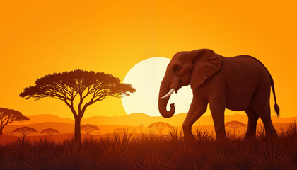 Fototapeta premium Elephant walking at sunset in savanna landscape