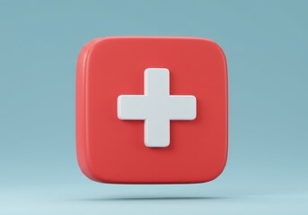 Obraz premium A 3D illustration of a medicine red signs with rounded edges and a white cross symbol in the center, set against a light blue background