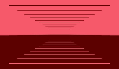 Minimalist abstract artwork featuring parallel lines converging toward a vanishing point, creating depth and symmetry. The composition uses a two-tone red palette with a reflective effect.